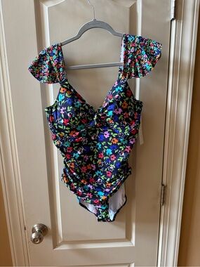 Anne Klein Navy Floral One-Piece Swimsuit with Ruffle Straps